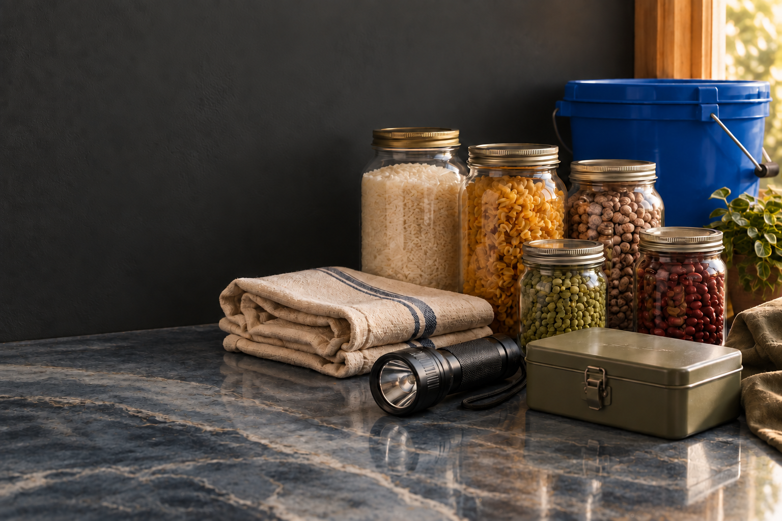 Organized pantry and emergency supplies with a blue storage bucket