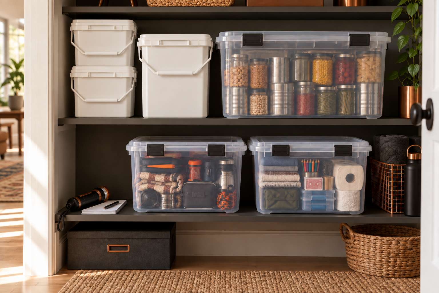 Square storage buckets and clear supply tubs arranged in a compact pantry
