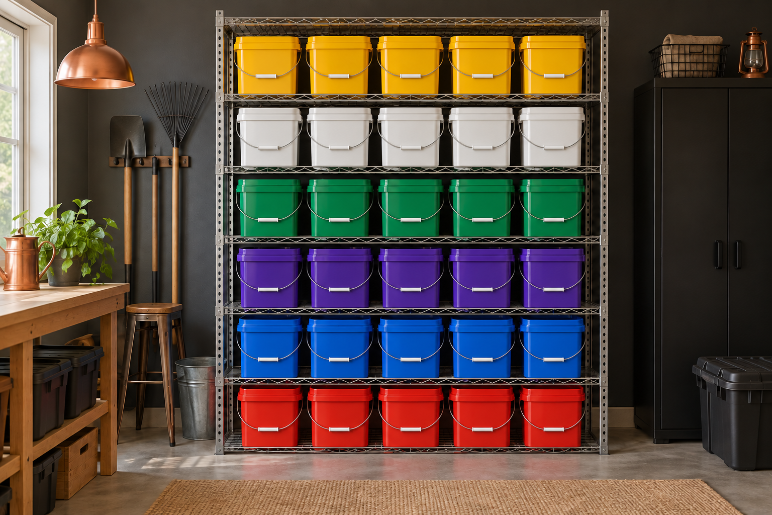 Six color-coded rows of square storage buckets on sturdy shelving